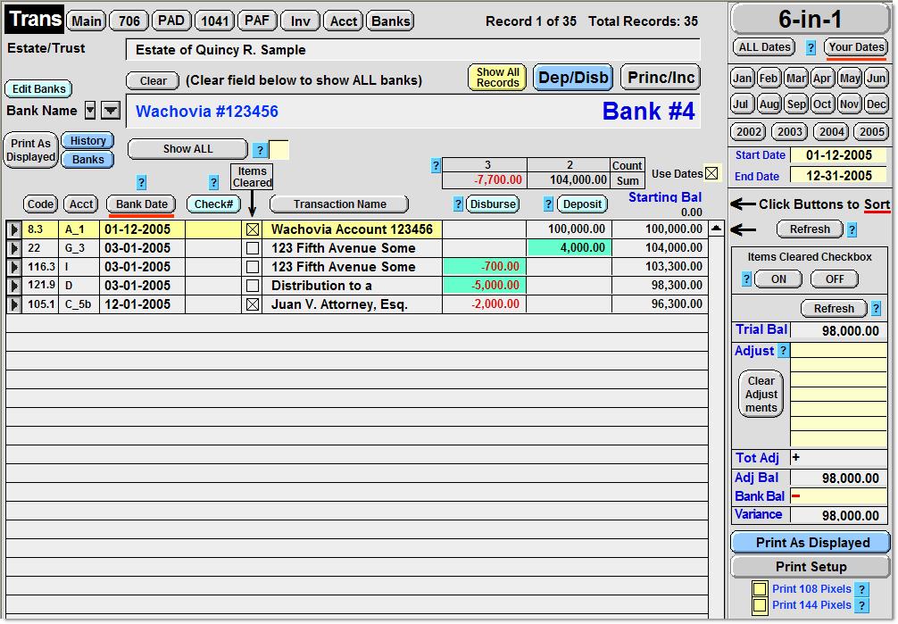 Bank Report (Details with multiple options) This bank ledger report provides many options including: Date range for various periods (month, year, manually entered dates) View by deposits and