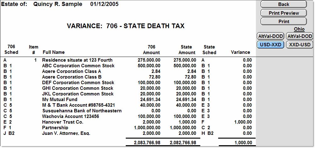 To access this report, click on the 706 (or State Death Tax Return button, if appropriate) located at the top of the data entry screens.