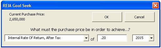 Cash Flow and Resale Figure 10-17 Goal Seek Dialog Box In the upper left corner is the purchase price currently entered in the Purchase section of the Cash Flow and Resale Analysis worksheet.