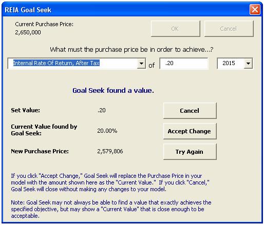 Cash Flow and Resale The first, Set Value, indicates the goal you set, as entered in the middle box (Figure 10-17), i.e., the rate or amount you are seeking.