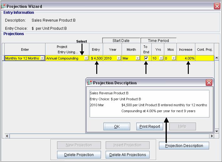 3. Select row 4 and click on the Projection Wizard to enter the Quantity