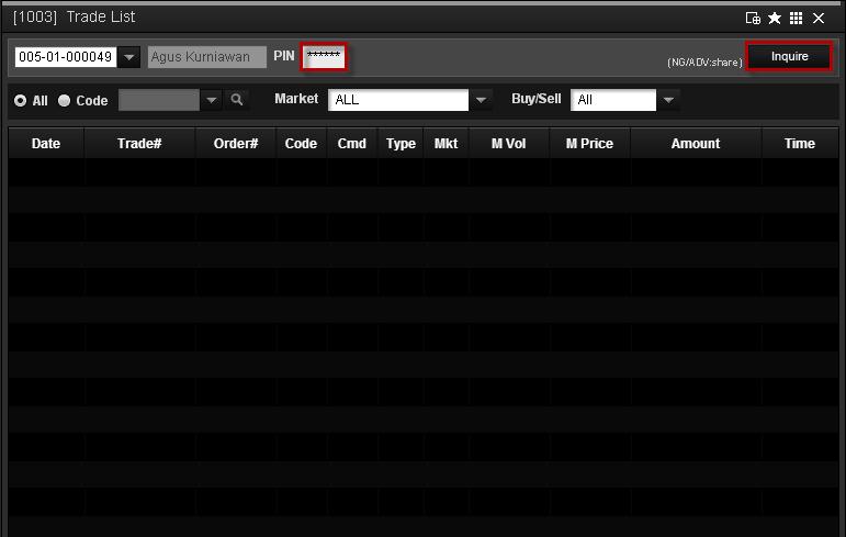 1.1.4 [1003] Trade List This screen is designed for user to see the transaction statements of buying and selling from each market by setting the transaction dates.