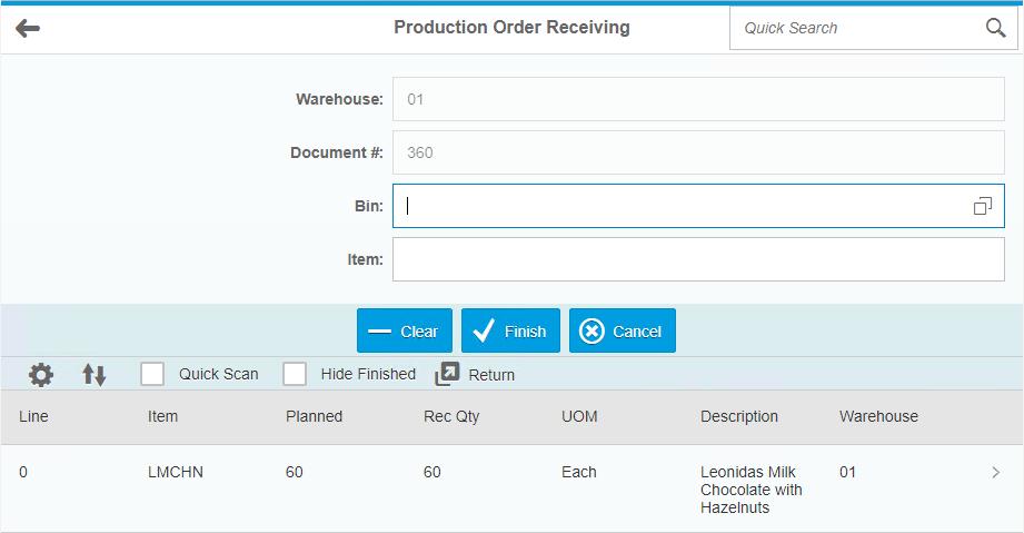 After you hit Add, if the item is not Batch or Serial managed, it will bring you back to the main Production Order Receiving screen.