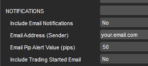 NOTIFICATIONS Include Email Notifications If this is set to yes you will receive email notifications when a trade is at risk, when a trading cycle starts and other events.