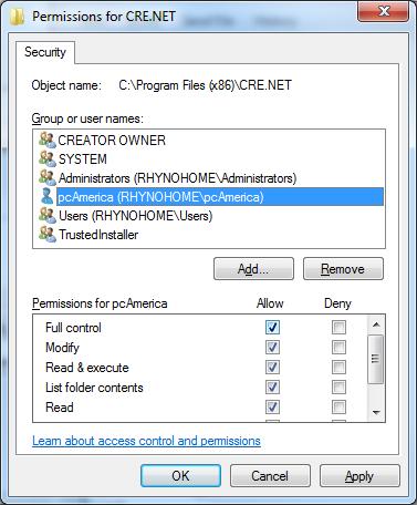 Select OK to the permissions window. Select OK to the CRE.NET properties window.