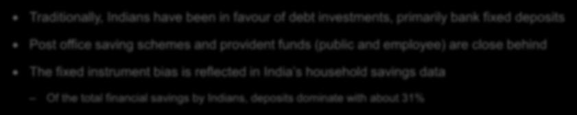 Traditional fixed income instrument bias in India Traditionally, Indians have been in favour of debt investments, primarily bank fixed deposits Post office saving schemes and provident funds (public