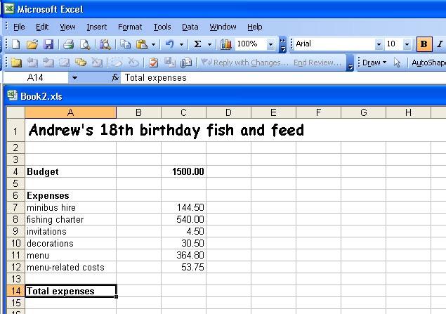 Planning an event Using an Excel spreadsheet to calculate Select cell A14 on your worksheet and (B) from