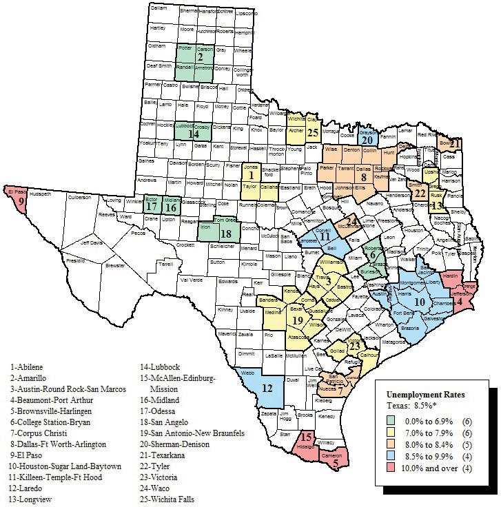 6% Texas Nonagricultural Wage & Salary Employment Not Seasonally Adjusted Seasonally Adjusted AUG 2011 10,593,200 AUG 2011 10,615,000 JUL 2011 10,568,200 JUL 2011 10,616,300 AUG 2010 10,321,800 AUG