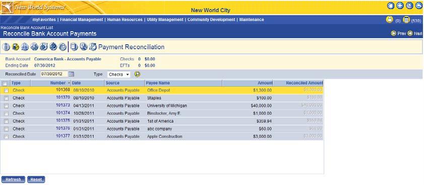 New World Systems 41 Click this button to display all payments that were marked as cleared when the Payment Reconciliation Batch was processed earlier in step one.