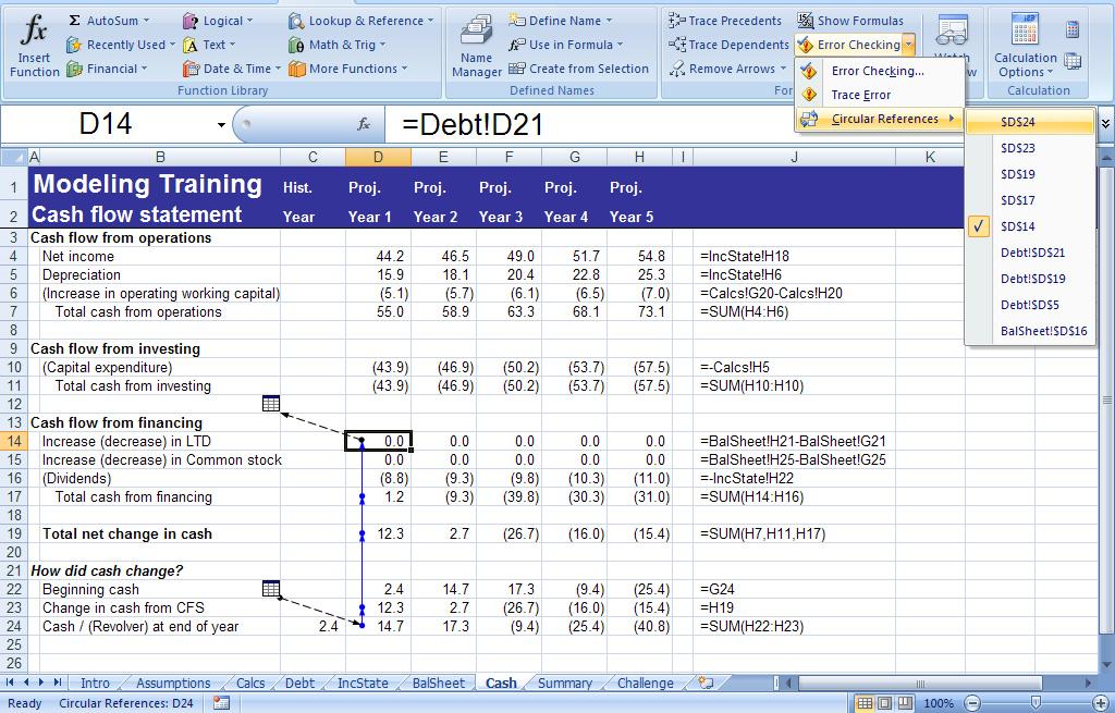 Using the circular reference toolbar Of the cells listed in the circular references toolbar above, cell D14 contains the account which is directly