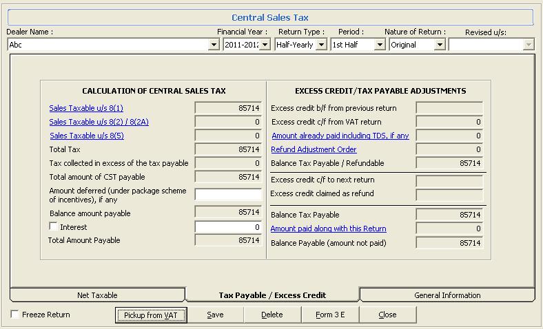 Central Sales Tax Through this option user can enter the information about gross turnover of sales, Balance etc.
