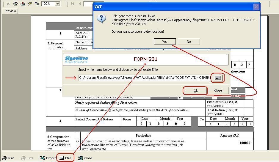 E-filing of Return : For doing E-filing you have to click on E-File option at bottom -> System will ask you to save this file -> For which we need to path -> After giving this path system will create