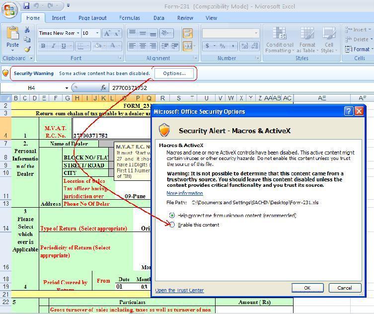 Macros Setting Continue : If you are using Microsoft office 2007 then you need to follow this procedure As soon as you open the excel file Security warning will be shown to you => Press