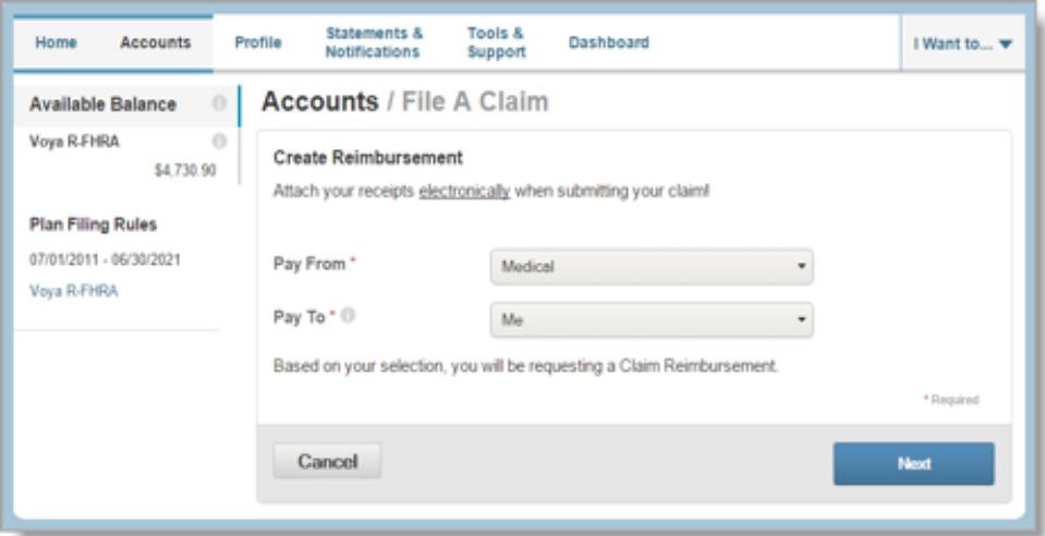 3 Click on the Type of Expense you Wish to File. 4 Upload Receipts After clicking Next, the Accounts/File A Claim page displays.