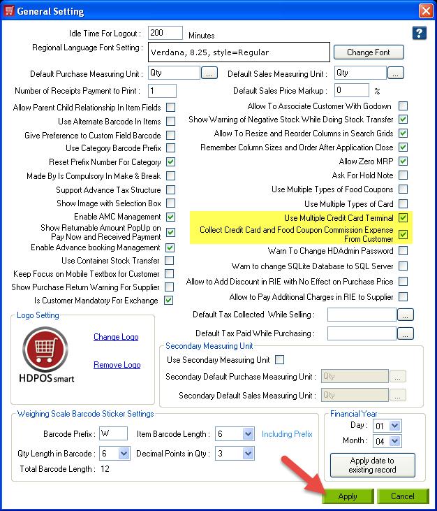 3. From General Settings screen, check the checkbox Use Multiple Credit Card Terminal and Collect Credit Card and Food Coupon Commission Expense from Customer. Click on Apply.
