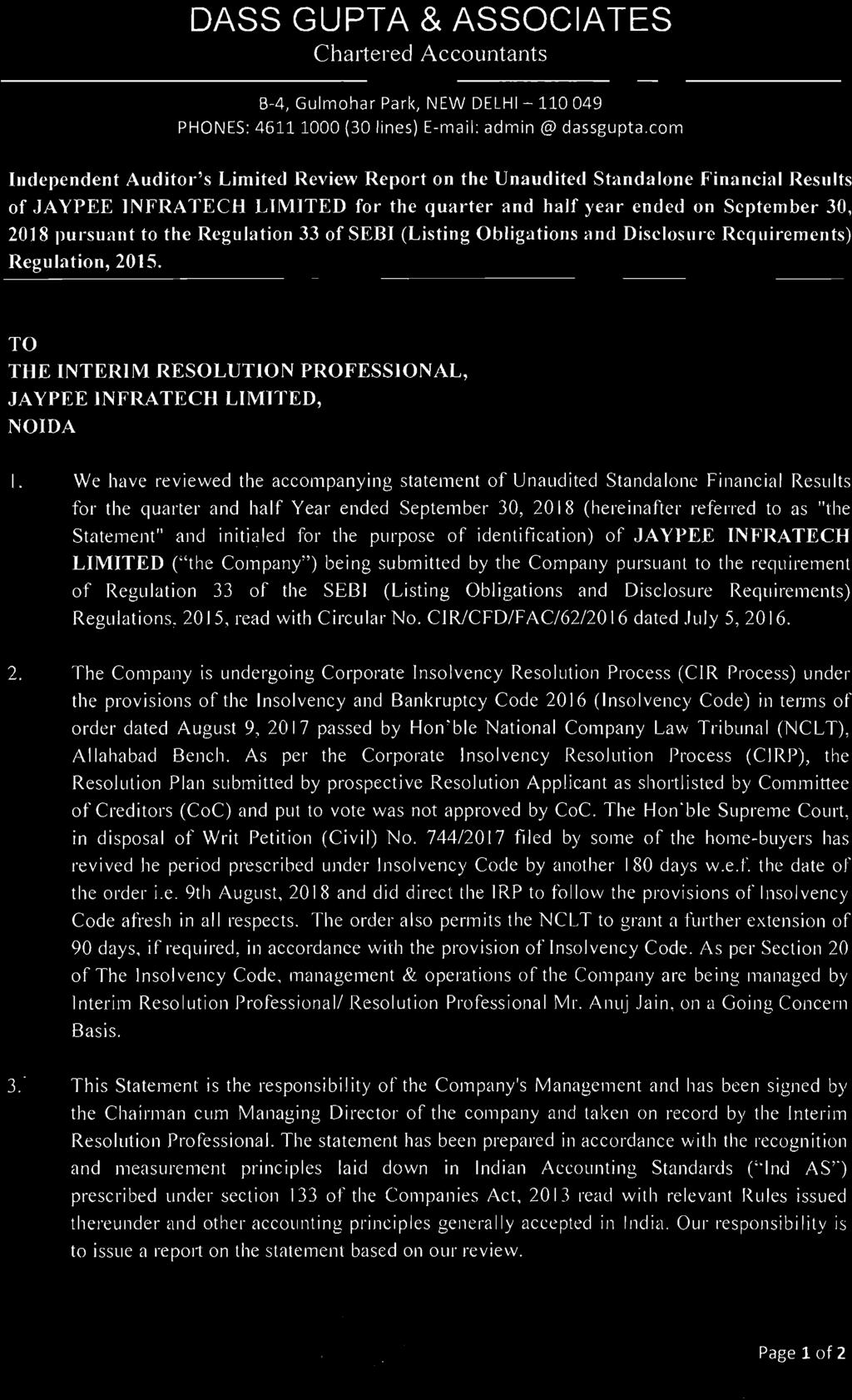 Regulation ofsebi (Listing Obligations and Disclosu."e Requirements) Regulation 2015. TO THE INTERIM RESOLUTION PROFESSIONAL JA YPEE INFRA TECH LIMITED NOIDA I.