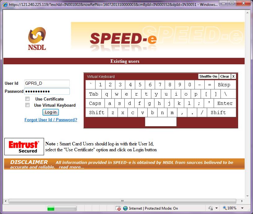 On submission, the investor client is directed to the NSDL SPEED-e login page where the client has to enter the login