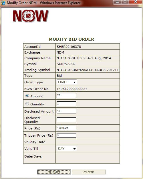 Order is cancelled by selecting the desired contract and clicking on Cancel Order button. Order is modified by selecting the desired contract and clicking on Modify Order button.
