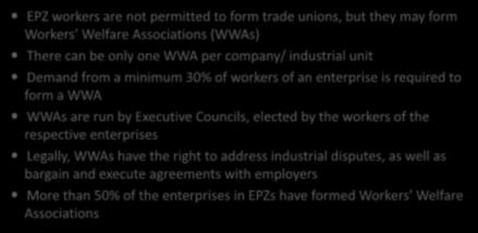 Workers Welfare Associations in EPZs EPZ workers are not permitted to form trade unions, but they may form Workers Welfare Associations (WWAs) There can be only one WWA per company/ industrial unit