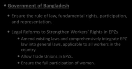Recommendations Government of Bangladesh Ensure the rule of law, fundamental rights, participation, and representation.