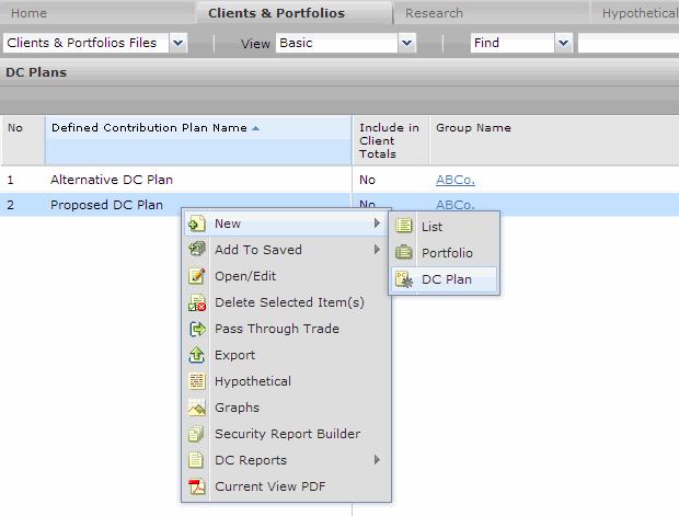 To create a DC plan, do one of the following: From the menu bar at the top of the window, select File New DC Plan. The Morningstar DC Plan window opens.