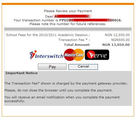 Interswitch payment page Confirm your Name, Matric No.