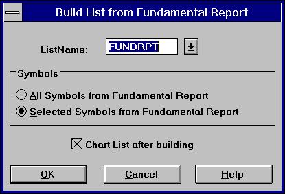 Build List from Fundamental Report dialog box Note To delete a Report List, click the Chart List(s) toolbar button, in the dialog box