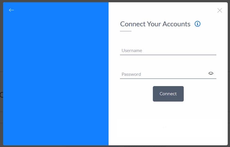 Client portal - "Your financial profile" - "Sync new accounts" pop-up - "Credentials" pop-up Clients will enter the username and password of their financial institution of choice and click "sync