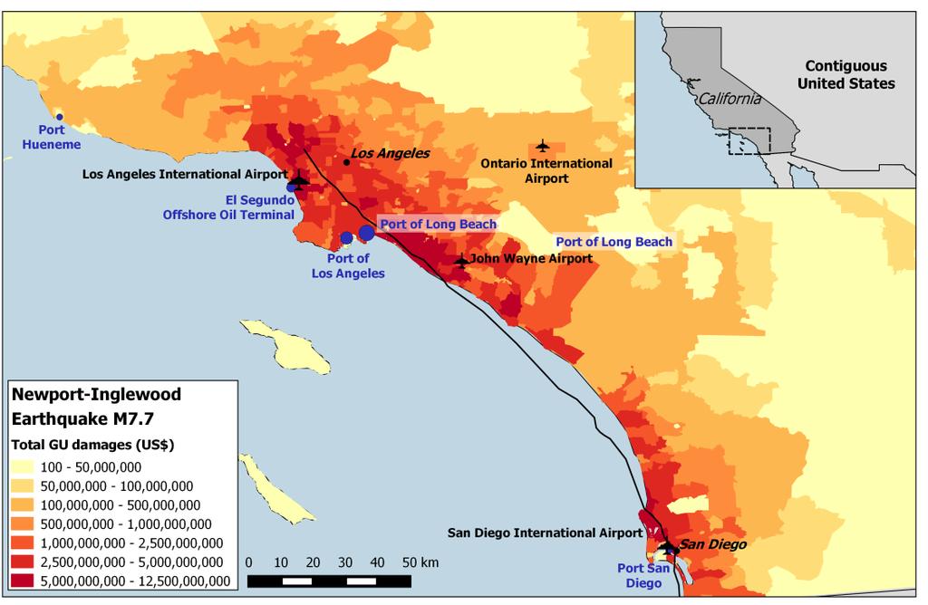 Cambridge Centre for Risk Studies Figure 4: Newport-Inglewood earthquake - Total ground-up damages estimated by RMS and overlay of major ports affected in the disaster zone (Source: RMS) Most ports