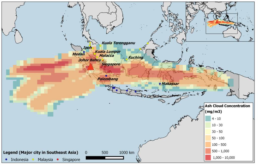 Cambridge Centre for Risk Studies Figure 11: Ash cloud concentration over Southeast Asia modelled by the Ash3d simulation Carried by strong wind gusts from Indonesia, visibility in various airports