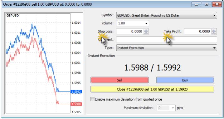 Afterwards in order to modify Stop Loss and Take Profit levels use the context menu: Right click on the open