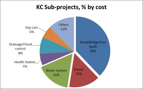 The most common types of sub-project defined by the proportion of investments were: (i) road works (38%); (ii) water systems (16%); (iii) schools (15%); (iv) drainage and flood management facilities