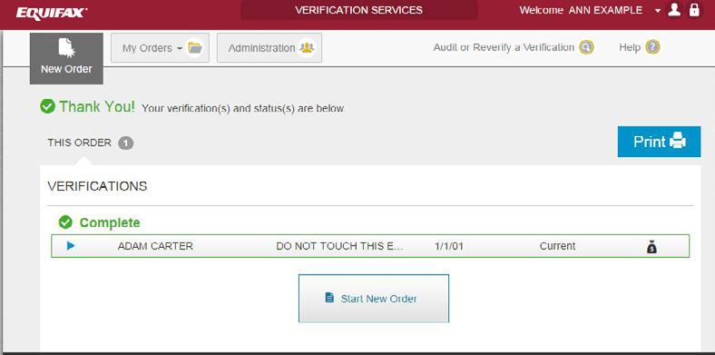 Click Print to print a copy of the verification. To view the verification again, click on the My Orders tab.