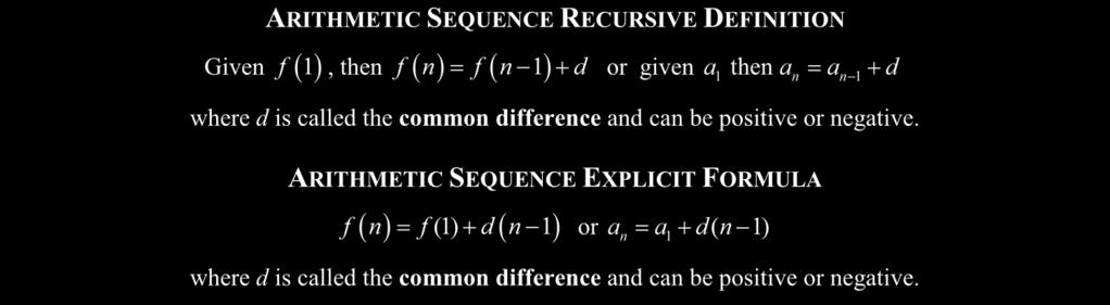 7 LESSON #67 - ARITHMETIC AND GEOMETRIC SEQUENCES COMMON CORE ALGEBRA II I Commo Core Algebra I, you studied two particular sequeces kow as arithmetic (based o costat additio to get the ext term) ad