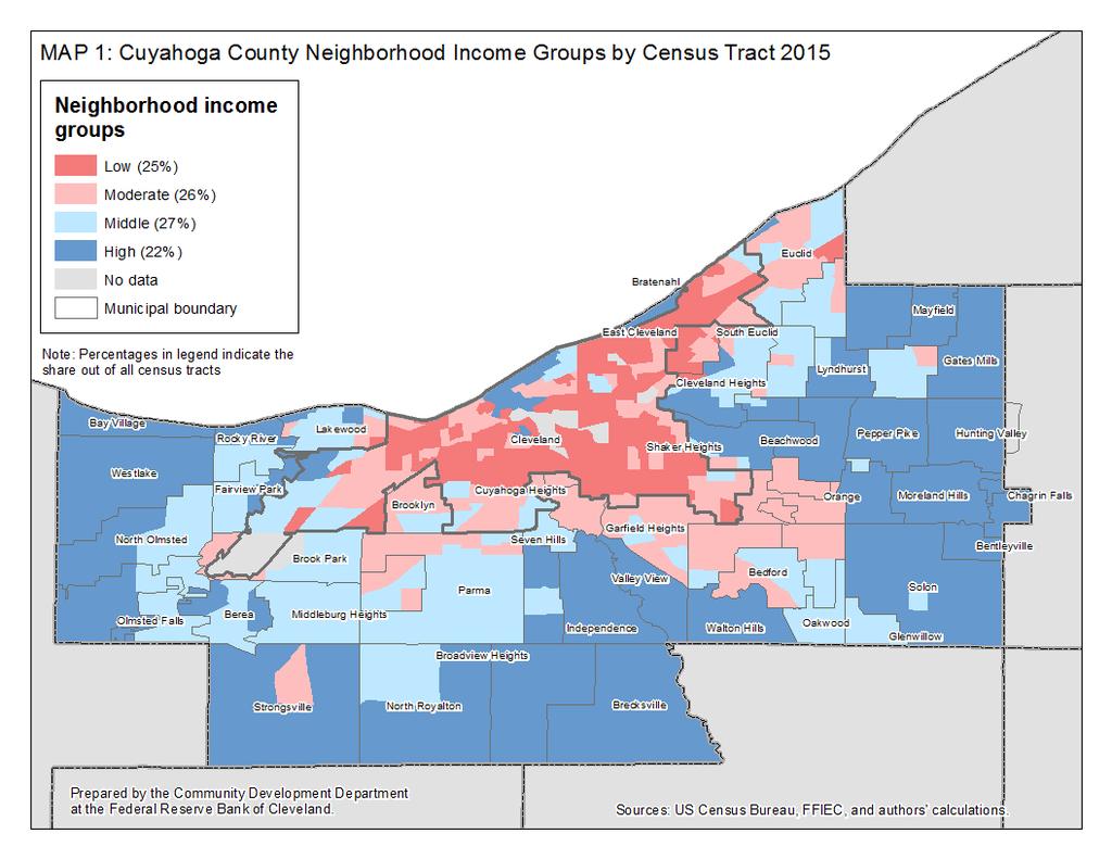 CUYAHOGA COUNTY MAP OF NEIGHBORHOOD INCOME GROUPS Map 1 shows the geographic distribution of neighborhood income groups across Cuyahoga County in 2015.