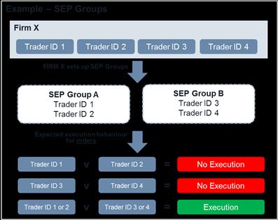 Market participants can define one or more Self- Execution Prevention Groups ( SEP Group ) for their Trader IDs.