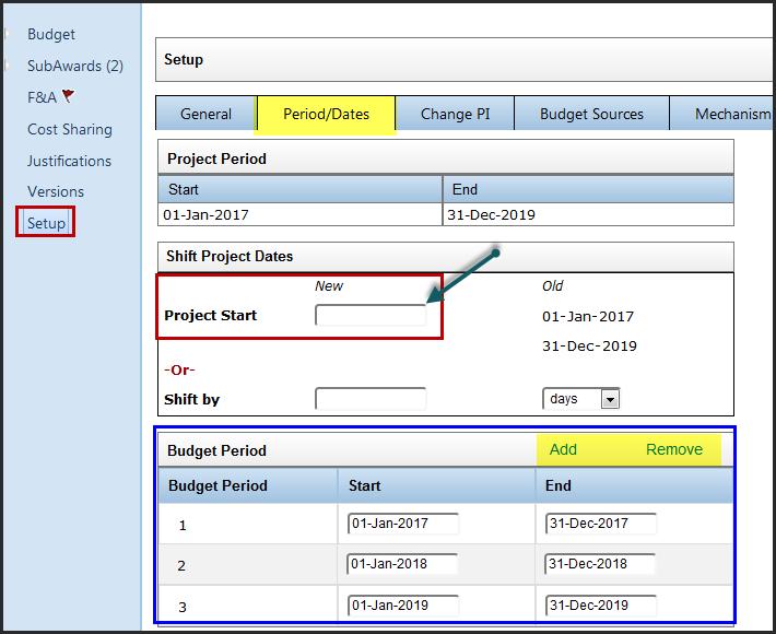 To Change the project start and end dates, first you need to verify the budget periods to make sure they are generated correctly.