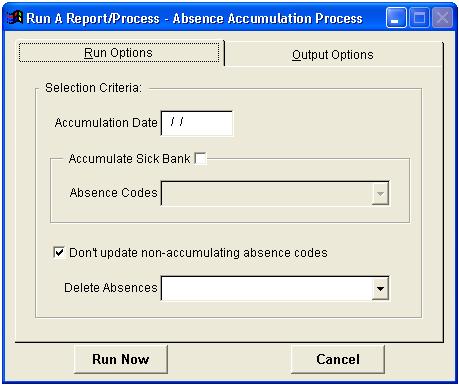 ABSENCE ACCUMULATION PROCESS The ABSENCE ACCUMULATION PROCESS updates values in each employee's EMPLOYEE ABSENCE INFORMATION record for all accumulating absence codes and uses the ABSENCE PARAMETERS