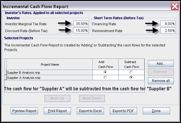 The selected projects for the Incremental Cash Flow Report are; Click on