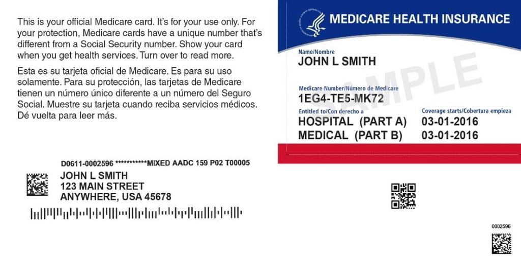New Medicare Card Mailing Envelope and Insert front Envelope and insert with the new card Letter/instructions in English; Spanish on the back Taglines about how to get help in these other