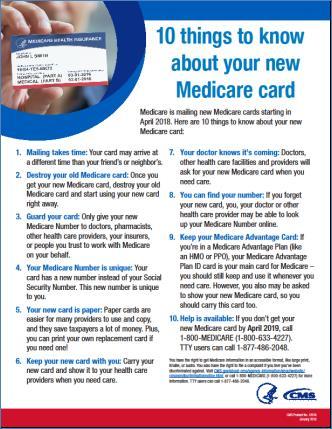 New Medicare Card CMS Communications Materials for people with Medicare on CMS.gov/newcard One-page flyer Fact sheet Widgets With link to go.medicare.gov/newcard Informational video https://youtu.