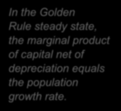 The Golden Rule with population growth To find the Golden Rule capital stock, express c * in terms of k * : c * = y * i * = f(k * ) ( + n) k * c * is maximized