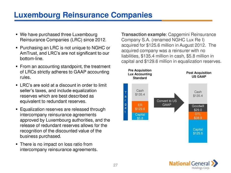 Luxembourg Reinsurance Companies 27 We have purchased three Luxembourg Reinsurance Companies (LRC) since 2012.