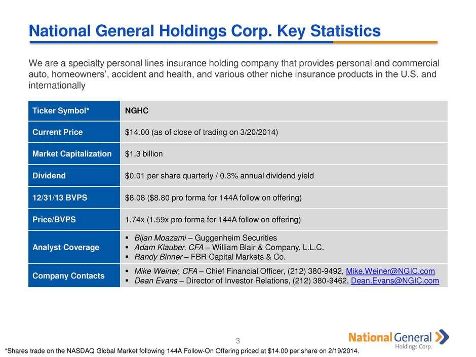 National General Holdings Corp. Key Statistics 3 Ticker Symbol* NGHC Current Price $14.00 (as of close of trading on 3/20/2014) Market Capitalization $1.3 billion Dividend $0.