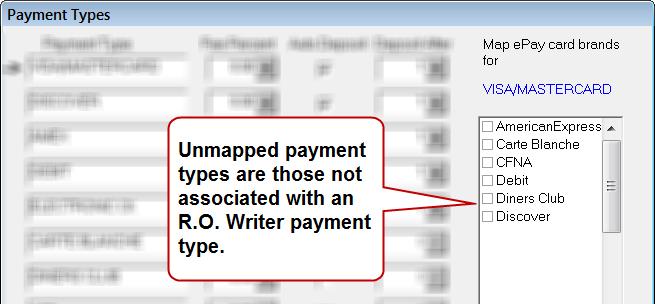 rowriter.com/#payment_types.htm. 3. In the Map epay Card Brands For list, select the universal epayment type you want to associate with the R.O. Writer payment type. 4.