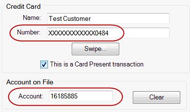 The Credit Card Sale window opens with The payment information already entered in the Credit Card section. The token number in the Account field. Click Process and payment processes.