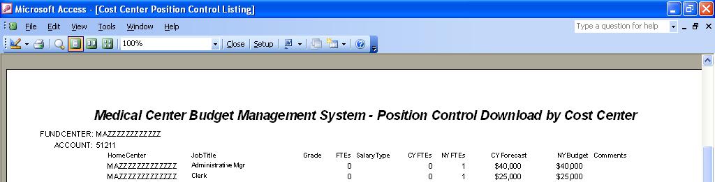 Positions Export in the cost center column provides a report of detail of positions within each salary account, intended for export to Excel.