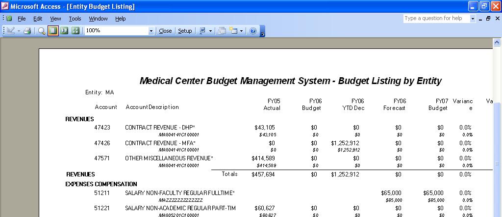 Budget Report in the entity reports column provides fund centers within accounts within each entity.