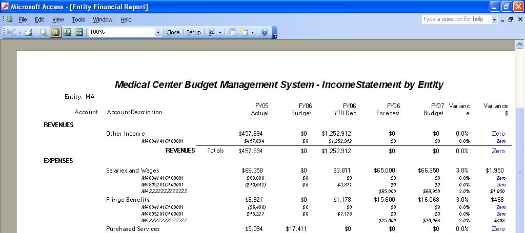 Budget Export in the entity reports column provides a report of detail of fund centers and accounts within each entity suitable for import into Excel.