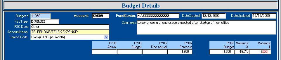 Entering Comments on an Account To add a comment explaining the forecast or budget submission for an account, double click on the account name, for example TELEPHONE/TELEX EXPENSE, to open the budget
